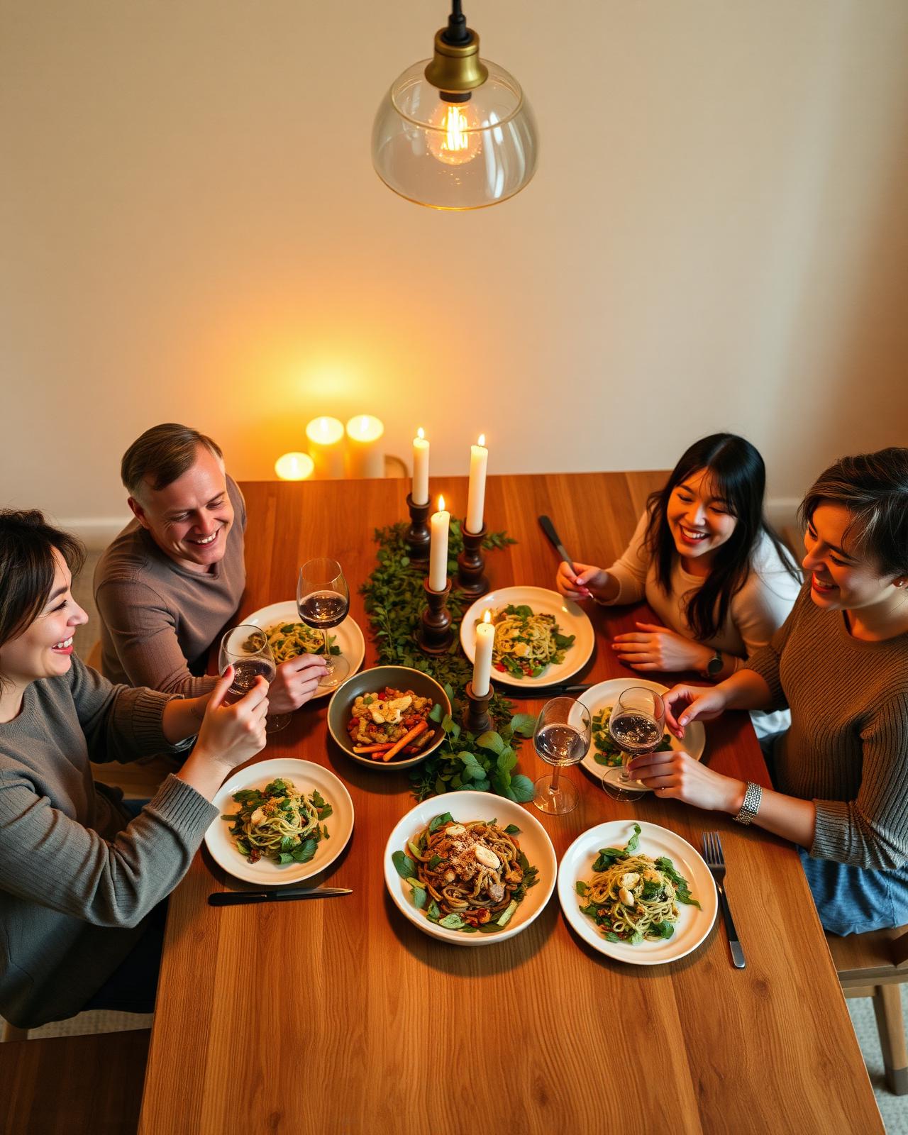 A family sharing dinner together at a warmly lit table